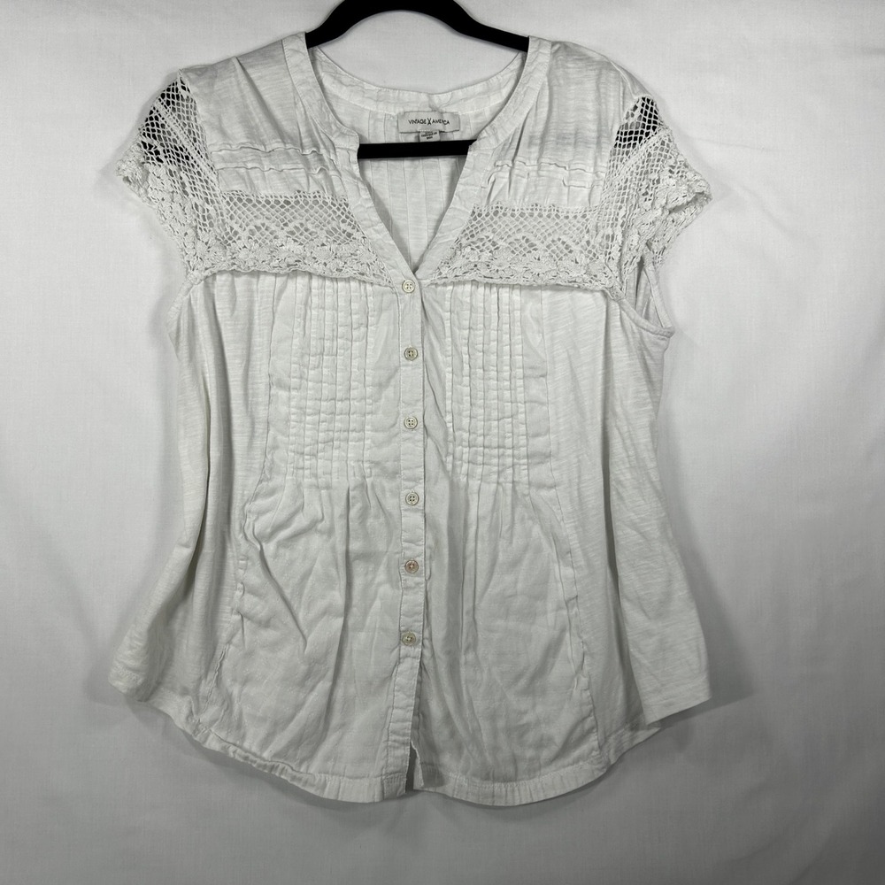 Vintage X America White Lace Crochet Top Large Pleated Button Down Boho Blouse